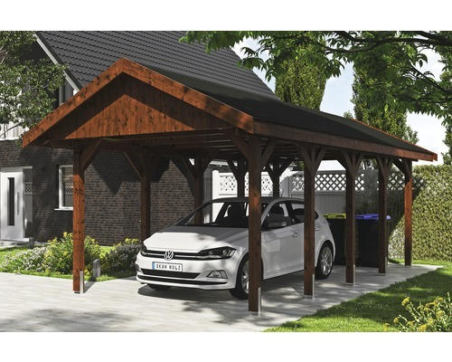 Einzelcarport SKAN HOLZ Wallgau inkl. schwarze Schindeln und H-Pfostenanker 380 x 750 cm nussbaum