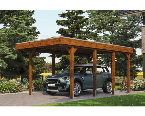 Einzelcarport SKAN HOLZ Friesland inkl. Aluminium-Dachplatten und H-Pfostenanker 314 x 555 cm nussbaum