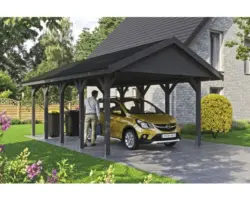 Einzelcarport SKAN HOLZ Wallgau inkl. schwarze Schindeln und H-Pfostenanker 430 x 750 cm grau