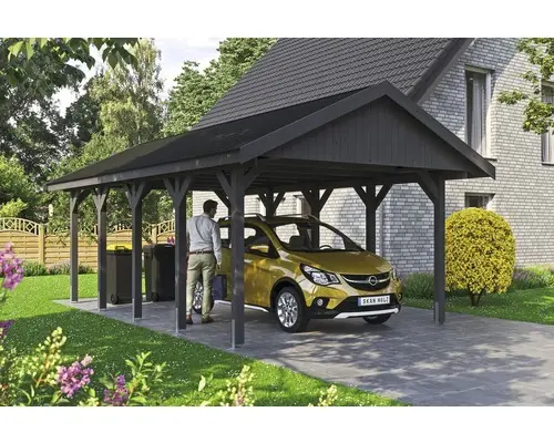 Einzelcarport SKAN HOLZ Wallgau inkl. schwarze Schindeln und H-Pfostenanker 430 x 750 cm grau