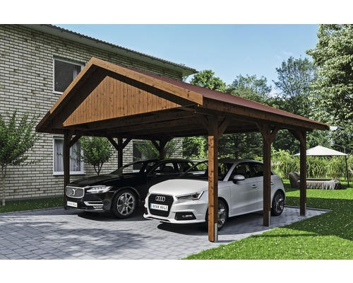 Doppelcarport SKAN HOLZ Wallgau inkl. rote Schindeln und H-Pfostenanker 620 x 500 cm nussbaum