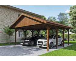 Doppelcarport SKAN HOLZ Wallgau inkl. rote Schindeln und H-Pfostenanker 620 x 600 cm nussbaum