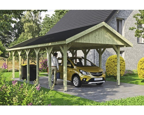 Einzelcarport SKAN HOLZ Wallgau inkl. schwarze Schindeln und H-Pfostenanker 430 x 900 cm imprägniert