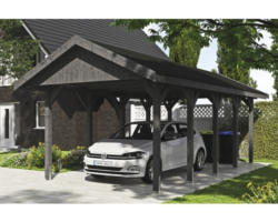 Einzelcarport SKAN HOLZ Wallgau inkl. schwarze Schindeln und H-Pfostenanker 380 x 750 cm grau