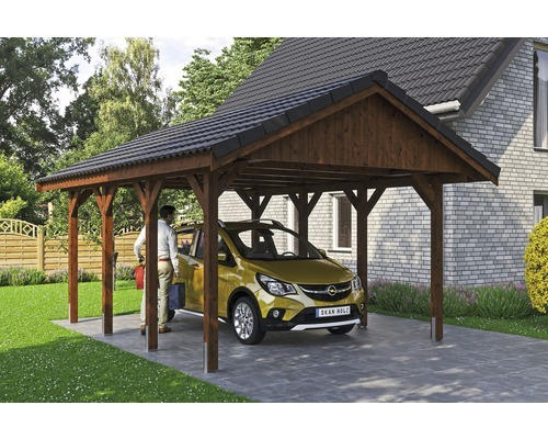 Einzelcarport SKAN HOLZ Wallgau inkl. Dachlattung und H-Pfostenanker 430 x 600 cm nussbaum