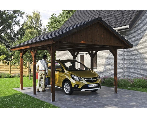 Einzelcarport SKAN HOLZ Wallgau inkl. Dachlattung und H-Pfostenanker 430 x 500 cm nussbaum