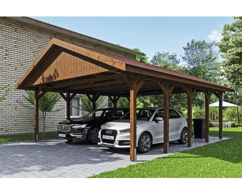 Doppelcarport SKAN HOLZ Wallgau inkl. rote Schindeln und H-Pfostenanker 620 x 750 cm nussbaum