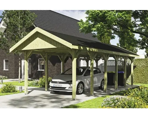 Einzelcarport SKAN HOLZ Wallgau inkl. schwarze Schindeln und H-Pfostenanker 380 x 900 cm imprägniert