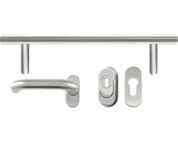 Beschlagset Edelstahl Stoßgriff/Klinke für Haustür Unique und Signum RC2 inkl. Kernziehschutzrosette