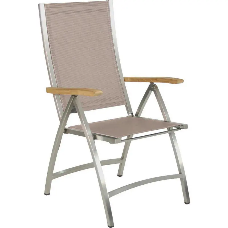 Gartenklappsessel in Holz, Metall, Textil Braun, Edelstahlfarben, Teakfarben