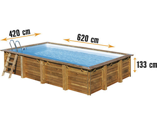 Aufstellpool Holzpool-Set Gre rechteckig 620x420x133 cm inkl. Sandfilteranlage, Skimmer, Leiter, Filtersand & Bodenschutzvlies Holz
