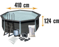 Aufstellpool WPC-Pool-Set Gre rund Ø 410x124 cm inkl. Sandfilteranlage, Skimmer, Leiter, Filtersand & Bodenschutzvlies grau