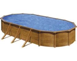 Aufstellpool Stahlwandpool-Set Gre oval 744x575x122 cm inkl. Sandfilteranlage, Skimmer, Leiter, Filtersand & Anschlussschlauch Holzoptik