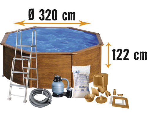 Aufstellpool Stahlwandpool-Set Gre rund Ø 320x122 cm inkl. Sandfilteranlage, Skimmer, Leiter & Filtersand Holzoptik