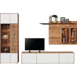 Wohnwand 308/196/49 cm in Weiß, Eichefarben