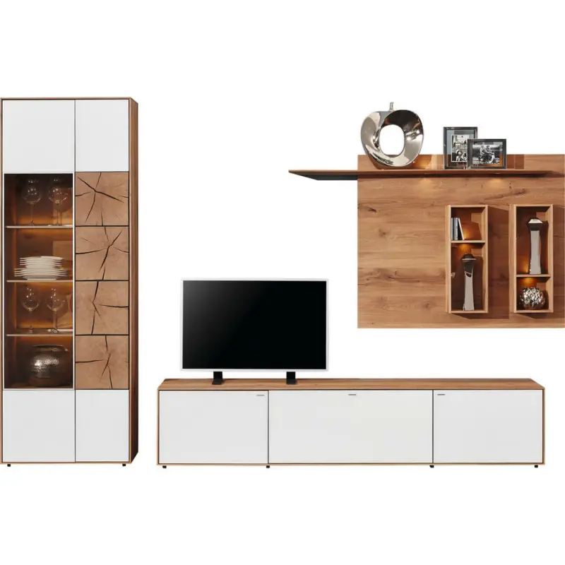 Wohnwand 308/196/49 cm in Weiß, Eichefarben