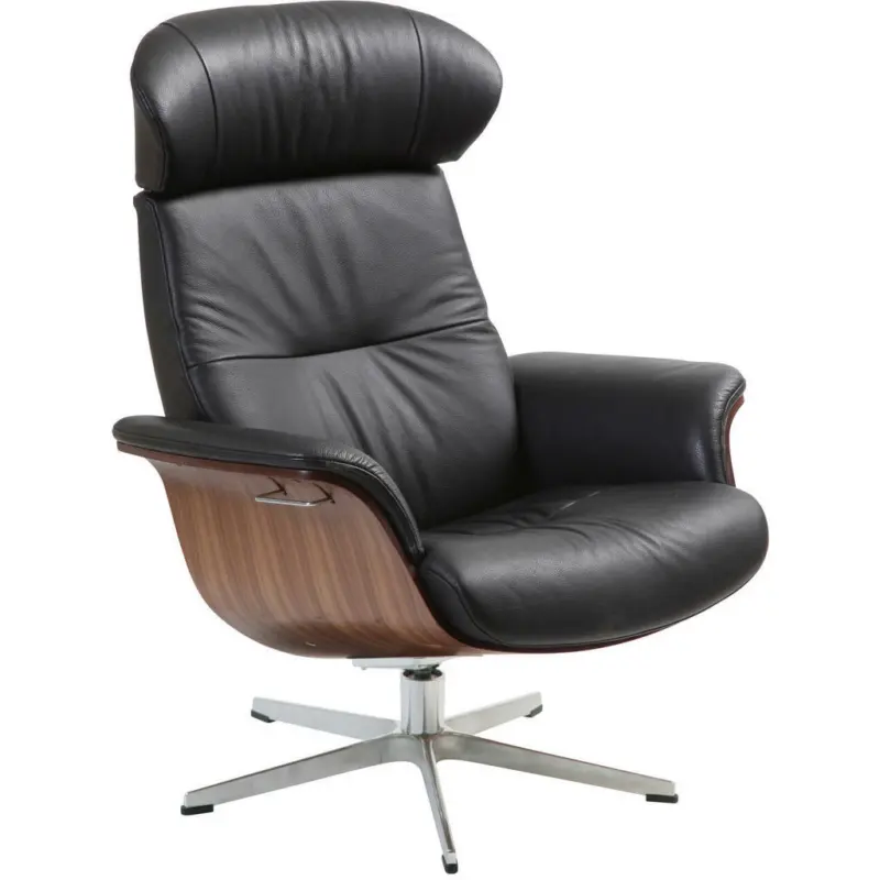 Relaxsessel in Holz, Metall, Leder Schwarz, Nussbaumfarben, Alufarben