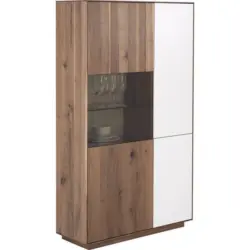 Vitrine in massiv Astnuss Nussbaumfarben, Hellgrau