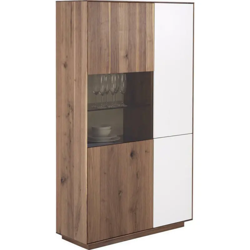 Vitrine in massiv Astnuss Nussbaumfarben, Hellgrau