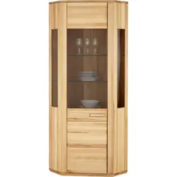 Eckvitrine in teilmassiv Kernbuche Buchefarben