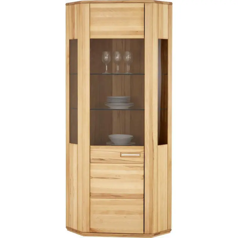 Eckvitrine in teilmassiv Kernbuche Buchefarben