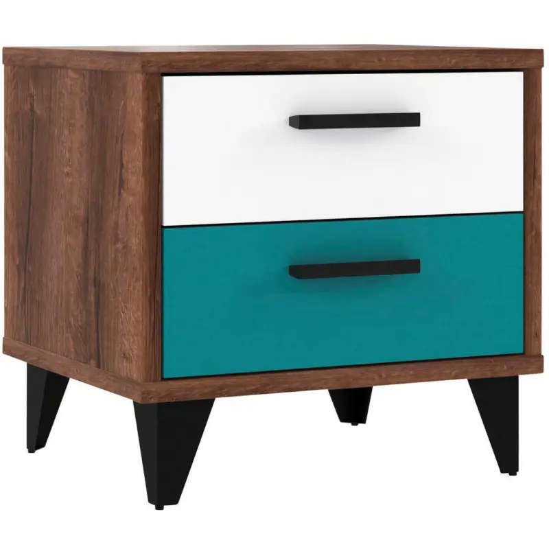 Nachtkästchen in Grün, Weiß, Eichefarben