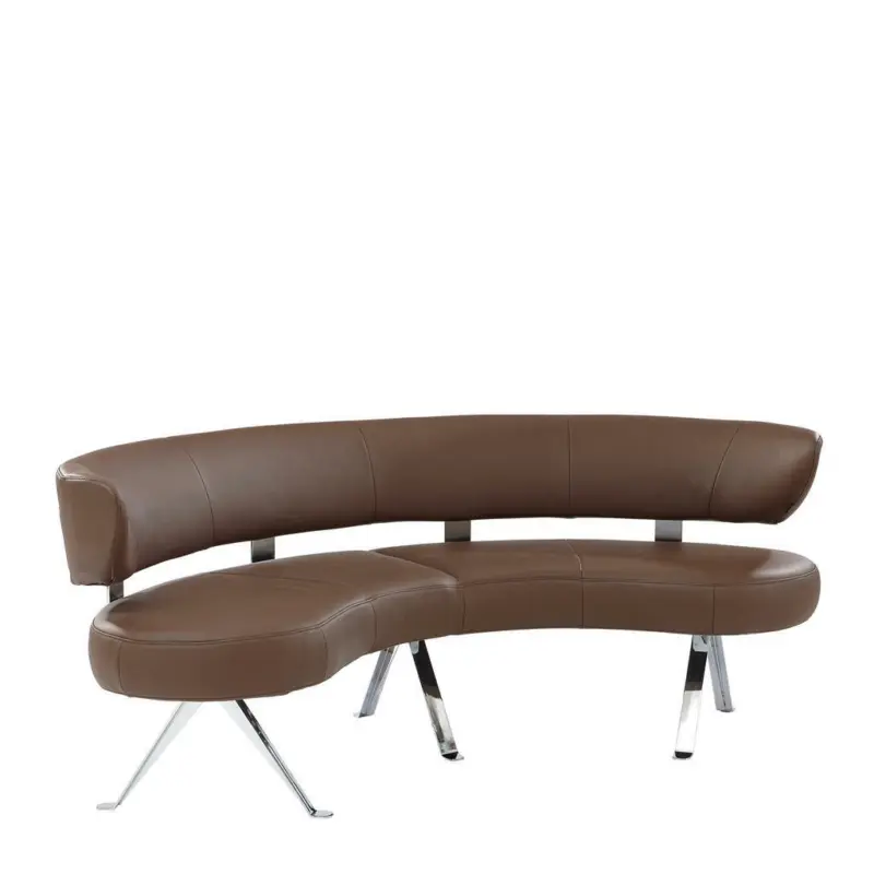 Rundbank in Metall, Leder Braun, Chromfarben
