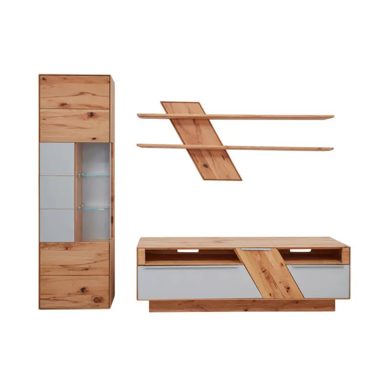 Wohnwand 274/206/54 cm in Wei&szlig;, Buchefarben