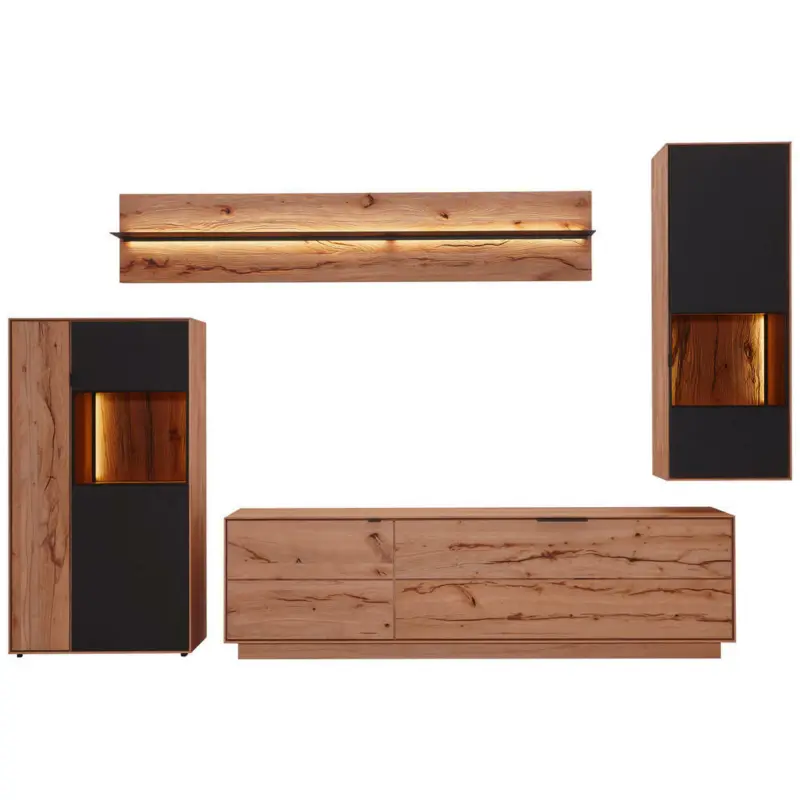 Wohnwand 366/208/49 cm in Anthrazit, Buchefarben