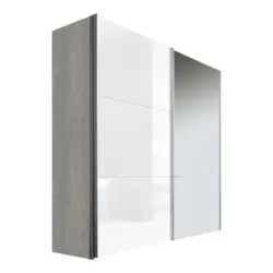 Schwebetürenschrank in Grau, Weiß, Eichefarben