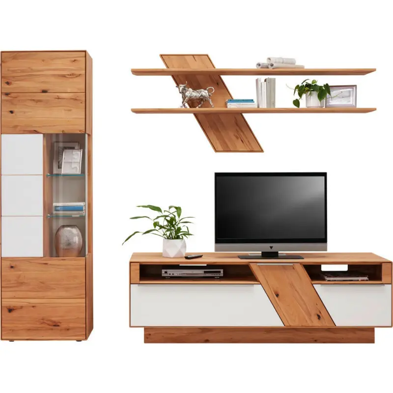 Wohnwand 274/206/54 cm in Wei&szlig;, Buchefarben