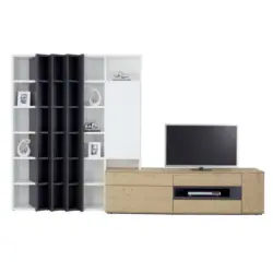 Wohnwand in Anthrazit, Weiß, Eichefarben