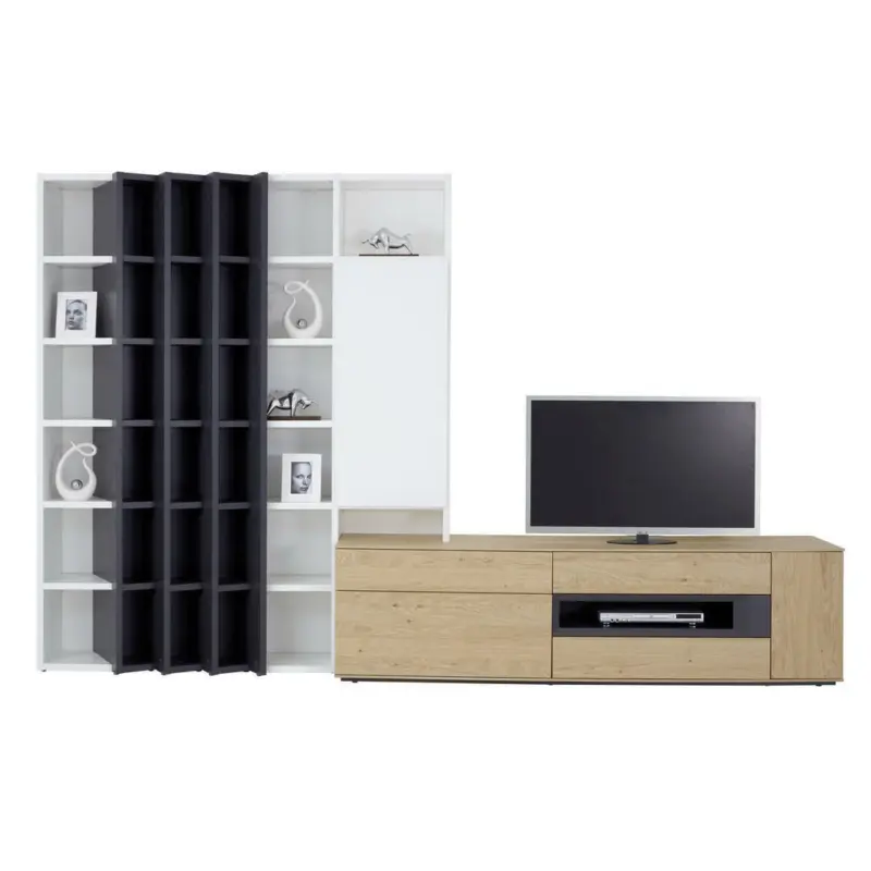 Wohnwand in Anthrazit, Weiß, Eichefarben