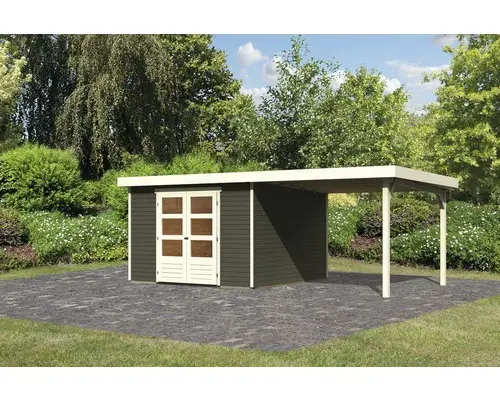 Gartenhaus Karibu Kodiak 6 inkl. Anbaudach 2,8 m 557x298 cm terragrau