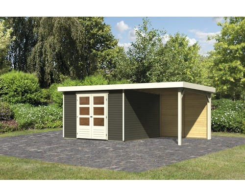 Gartenhaus Karibu Kodiak 6 inkl. Anbaudach 2,4 m, Rückwand 523x298 cm terragrau