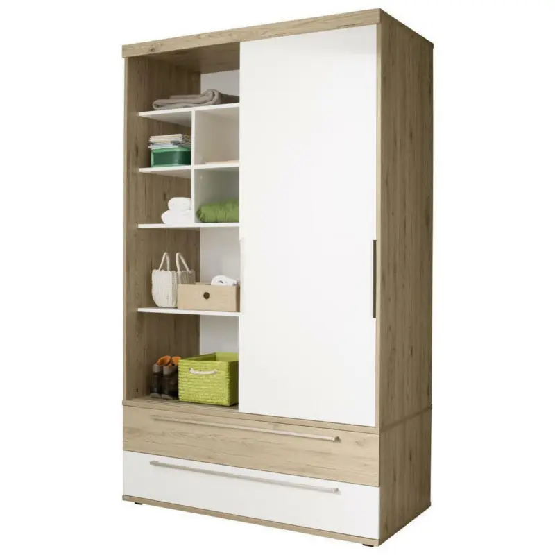 Schiebetürenschrank in Weiß, Eichefarben
