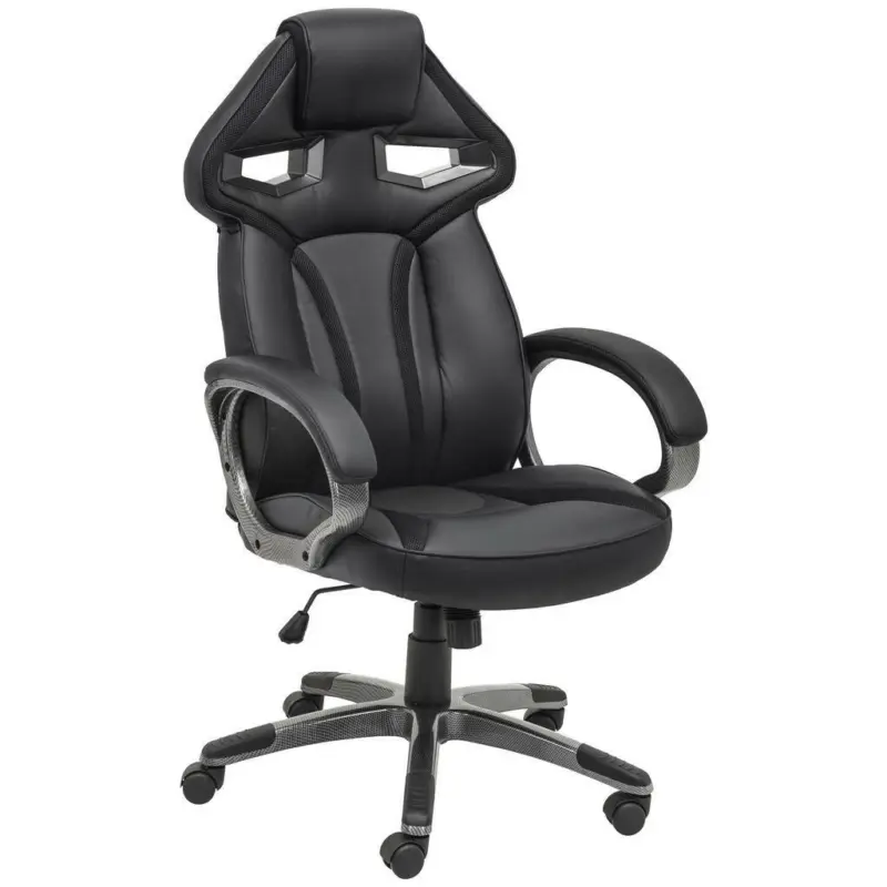 Gamingstuhl in Lederlook, Netzbespannung Grau, Schwarz