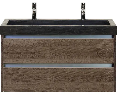 Waschbeckenunterschrank Sanox Dante Naturstein 58x101x45,5 cm mit Doppel-Natursteinwaschbecken tabacco