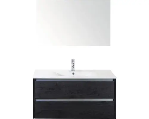 Badmöbel-Set Sanox Dante Keramik 170x101x46 cm Keramikwaschbecken Black Oak mit Spiegel