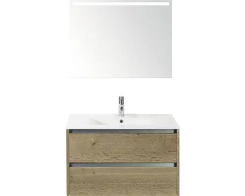 Badmöbel-Set Sanox Dante Keramik 170x81x46 cm Keramikwaschbecken Eiche natur mit LED-Beleuchtung