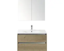 Badmöbel-Set Sanox Dante Keramik 170x81x46 cm Keramikwaschbecken Eiche natur mit Spiegelschrank