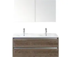 Badmöbel-Set Sanox Dante Keramik 170x121x46 cm Doppel-Keramikwaschbecken Tabacco mit Spiegelschrank