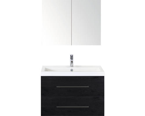 Badmöbel-Set Sanox Straight Mineralguss 80x170x40 cm Mineralgusswaschbecken black oak mit Spiegelschrank