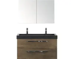 Badmöbel-Set Sanox Seville Naturstein 170x101x45,5 cm Doppelwaschbecken tabacco mit Spiegelschrank