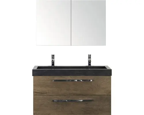 Badmöbel-Set Sanox Seville Naturstein 170x101x45,5 cm Doppelwaschbecken tabacco mit Spiegelschrank