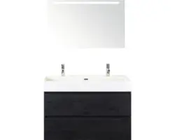 Badmöbel-Set Sanox Maxx XL Keramik 183x101x45,5 cm Doppel-Keramikwaschbecken black oak mit LED-Beleuchtung