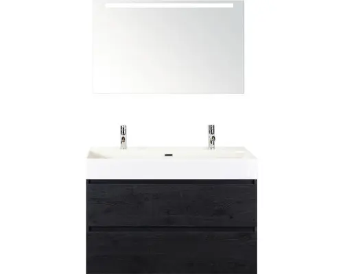 Badmöbel-Set Sanox Maxx XL Keramik 183x101x45,5 cm Doppel-Keramikwaschbecken black oak mit LED-Beleuchtung