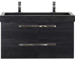 Waschbeckenunterschrank Sanox Seville Naturstein 58 x101x45,5 cm mit Doppel-Natursteinwaschbecken schwarz eiche