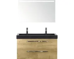 Badmöbel-Set Sanox Seville Naturstein 170x101x45,5 cm Doppel-Natursteinwaschbecken eiche mit LED-Beleuchtung