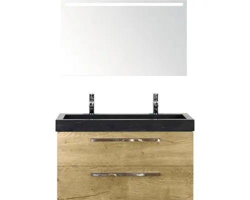 Badmöbel-Set Sanox Seville Naturstein 170x101x45,5 cm Doppel-Natursteinwaschbecken eiche mit LED-Beleuchtung